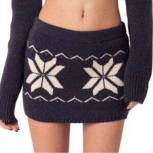 Edikted Navy Knit Skirt with Pink Logo Tag